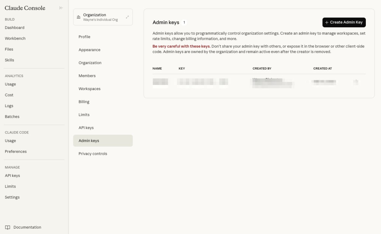 Anthropic Console - Admin keys page with Create button