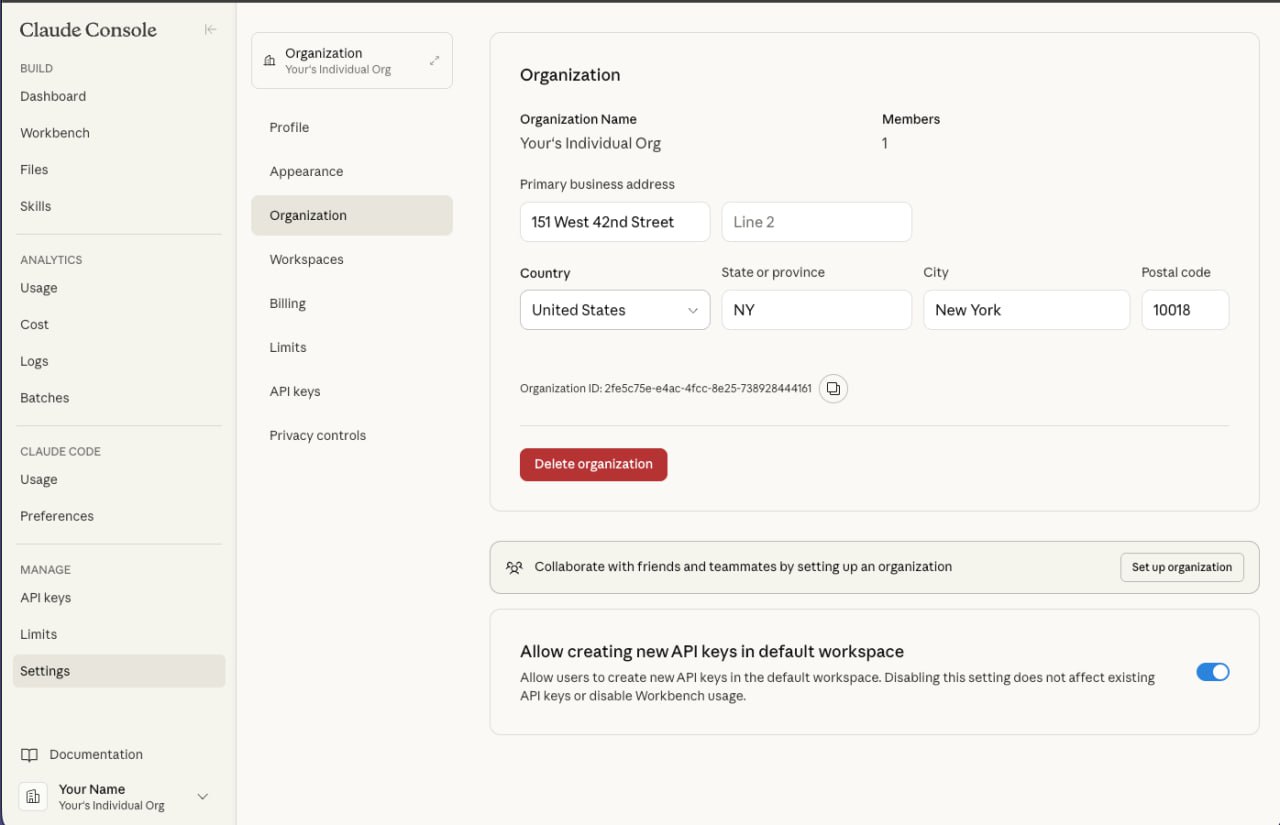Anthropic Console - Organization settings page