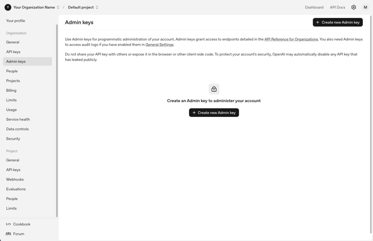 OpenAI Platform — Admin keys page