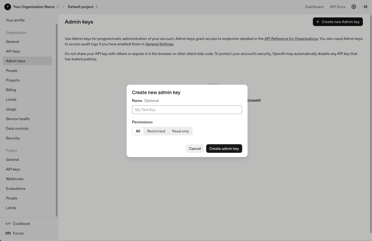 OpenAI — Create admin key dialog with name and permissions