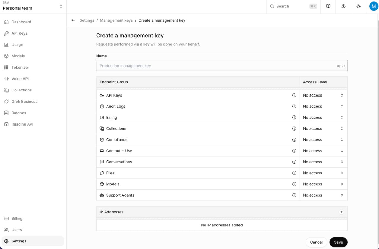 xAI Console — Create management key form with Billing permissions