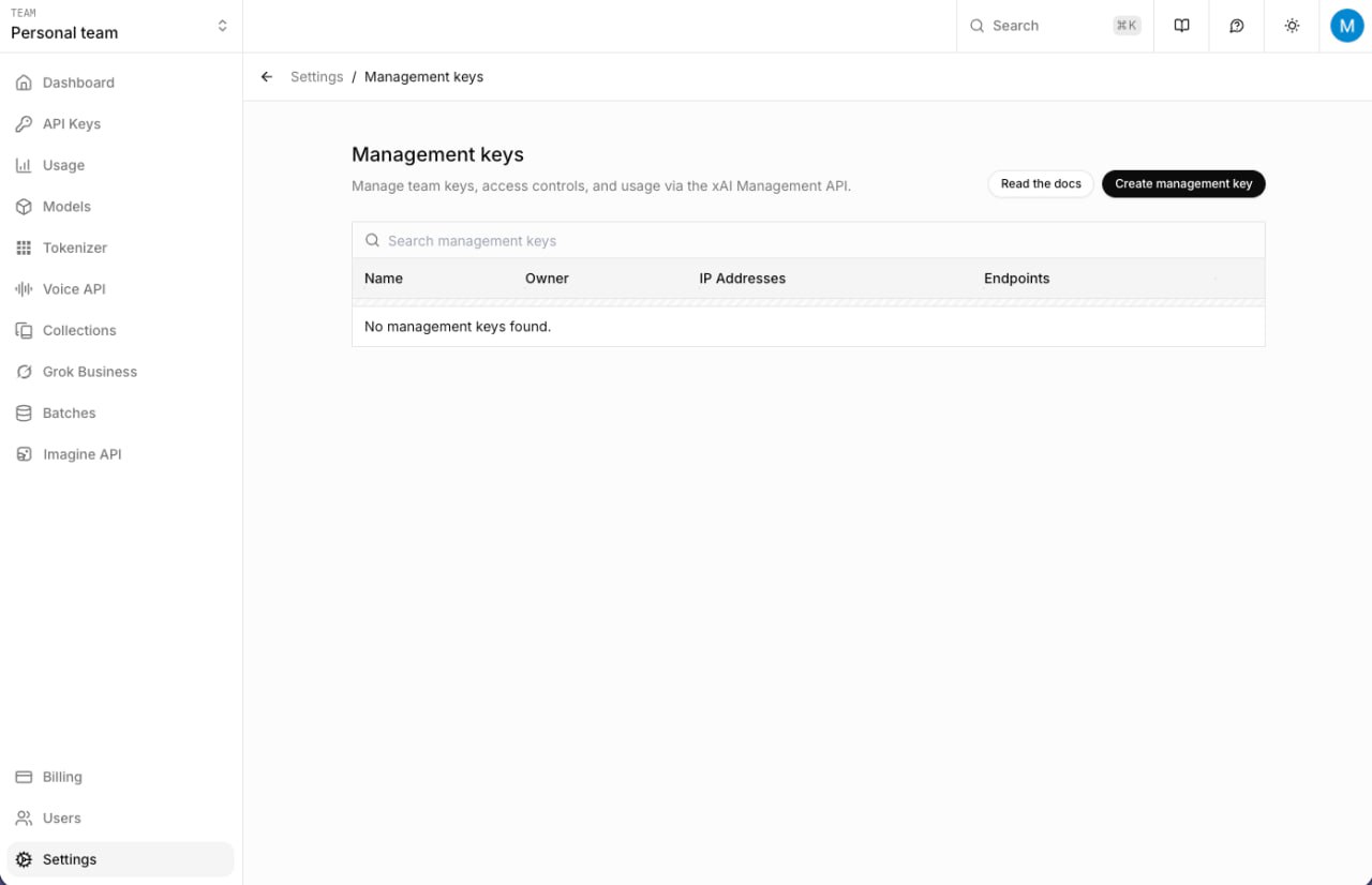 xAI Console — Management keys list with Create button
