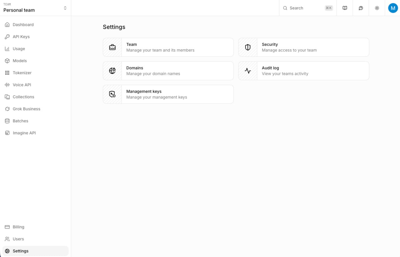 xAI Console — Settings page showing Management keys card